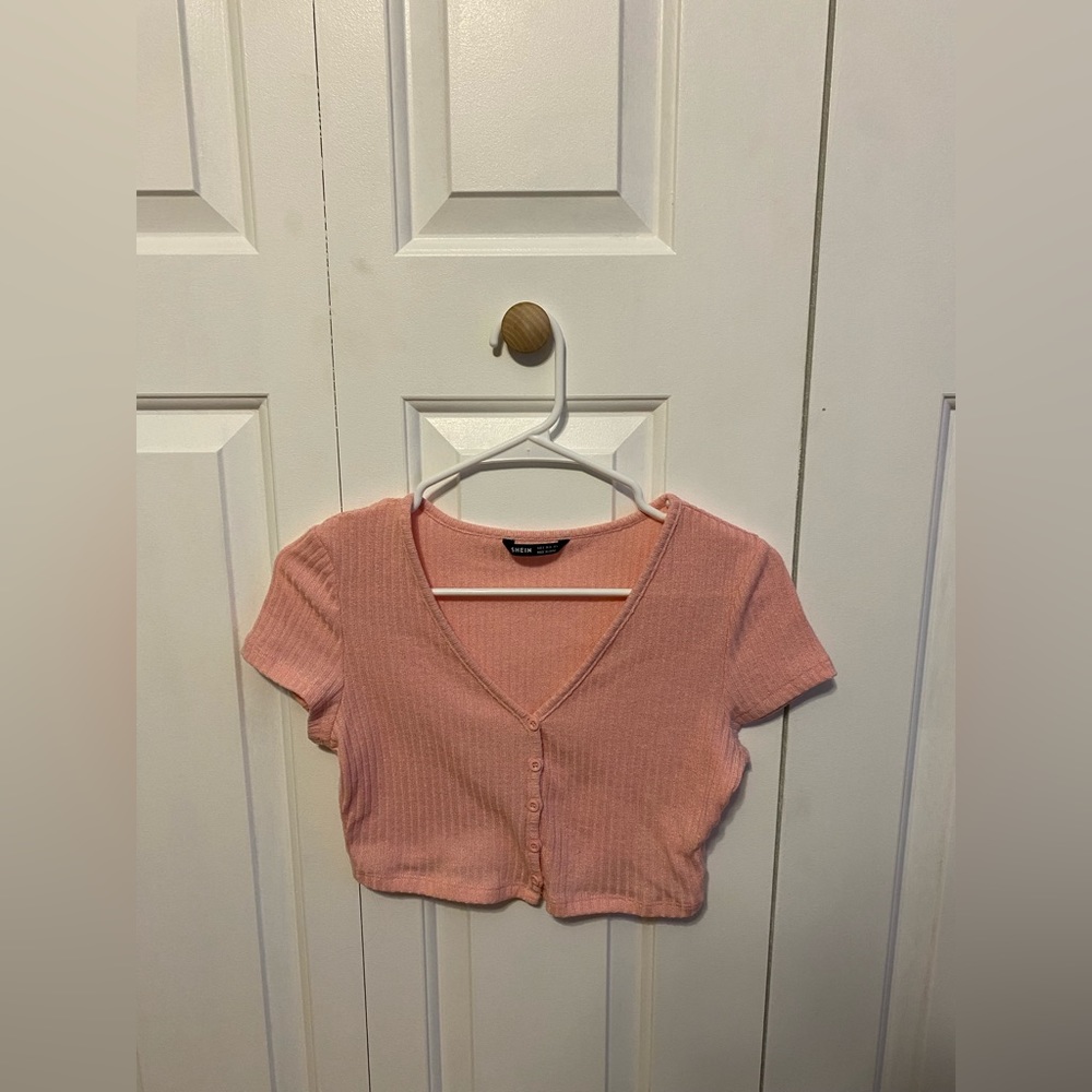 cropped light pink button tee womens s